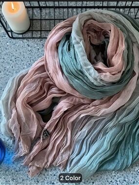 Ombré Colored Crinkled Pink Green Taupe Scarf 68”x29”